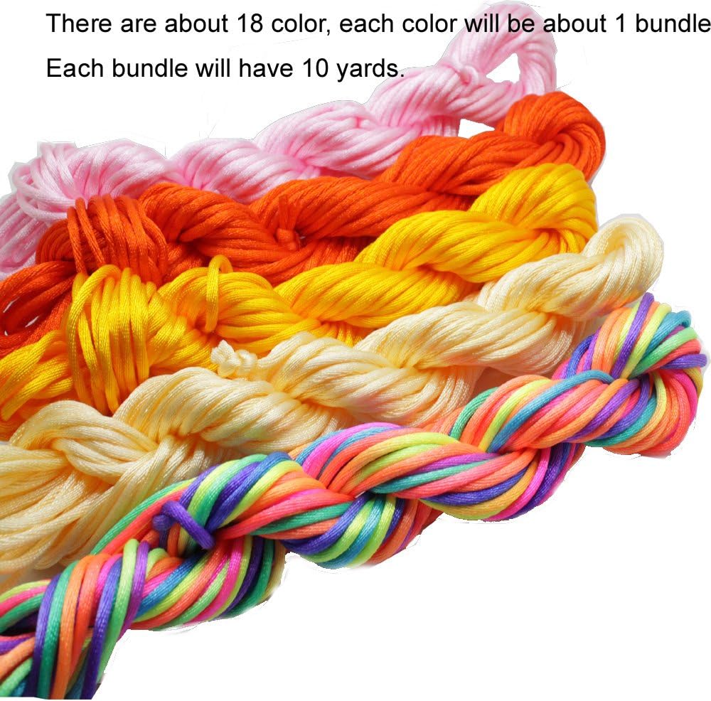 Assorted Nylon Satin Rattail Cord String 2mm Chinese Knot Beading Cord for Kumihimo, Bracelet, Necklace, Jewelry Mkaing & DIY Crafts 18 Colors 180 Yards.