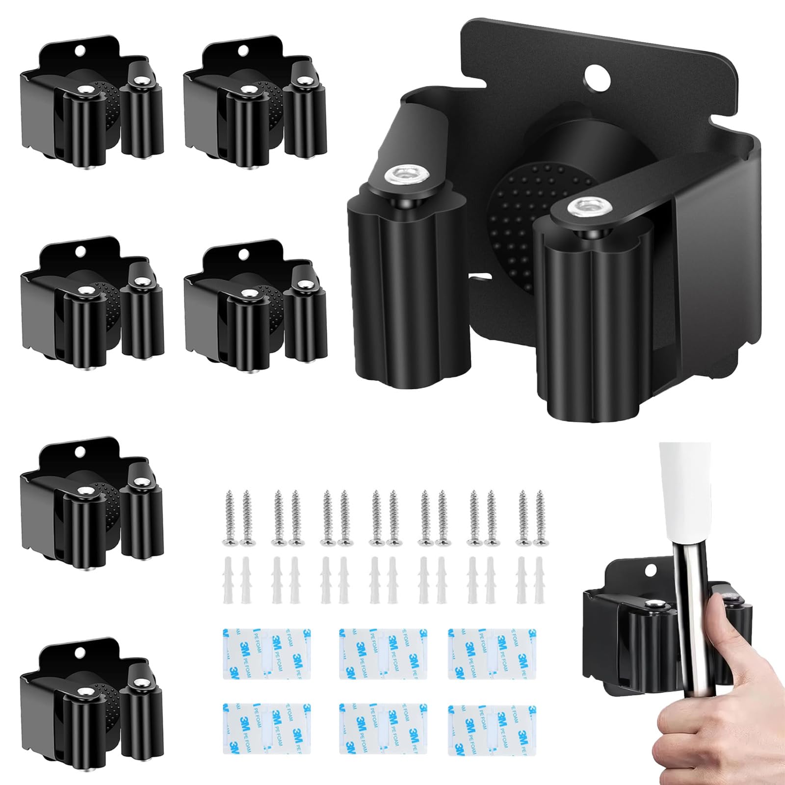 6 pcs porta scope in acciaio inox,porta scope parete,portascope da muro appendibile,appendi con accessori di montaggio,per cucine, giardini, garage, bagni e uffici nero