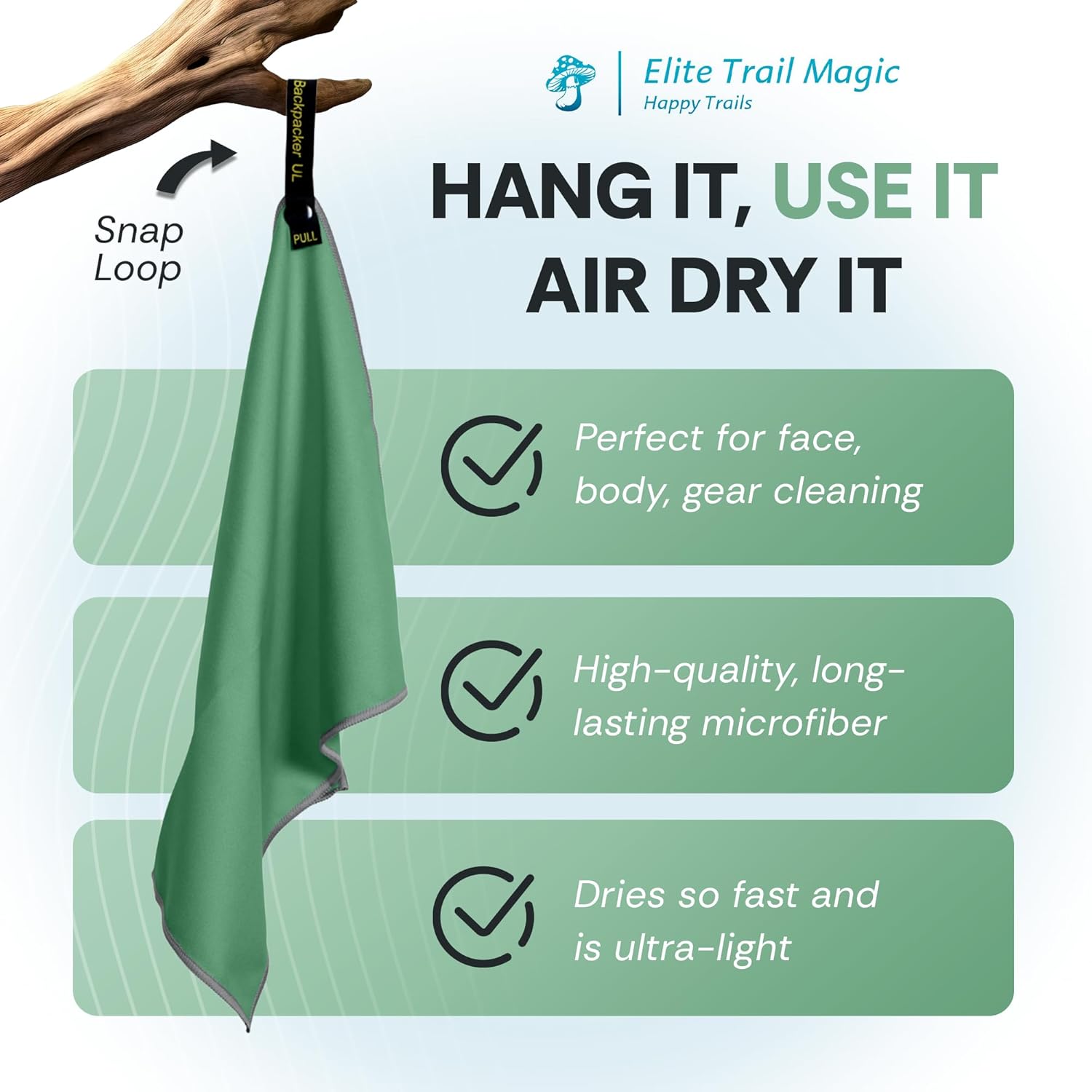 Elite Tail Magic -8 Pack - Lightweight Soft Compact Travel Towel | Quick Drying Backpacking Towel Ultralight with Loop Strap | Sport and Gym Microfiber Face Cloth Yoga | Small 12.5 x 9.9 inches