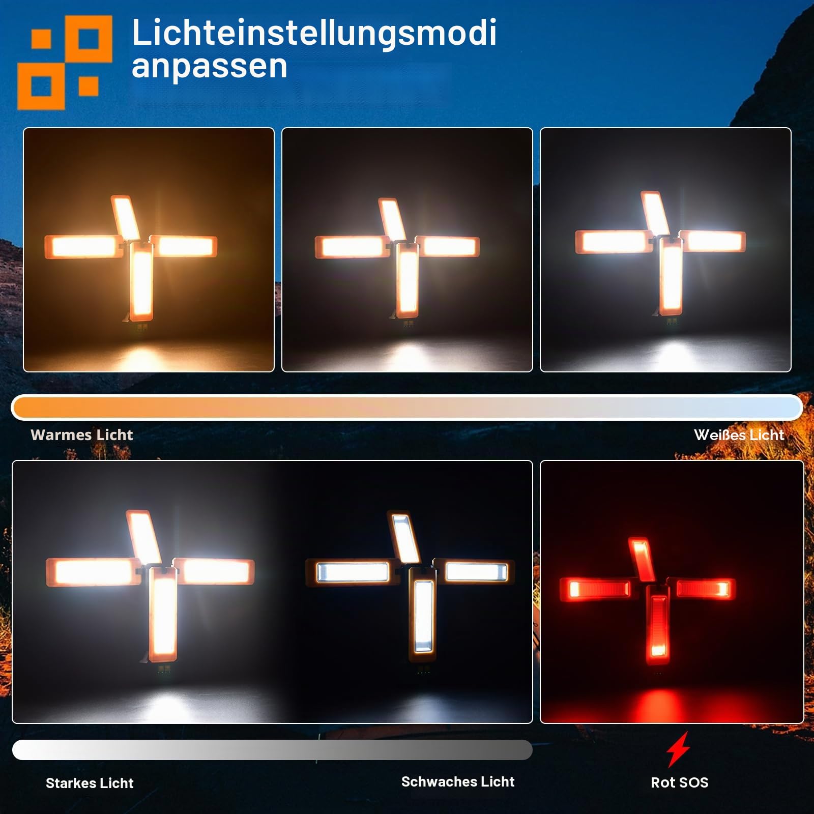 13200 mAh Wiederaufladbare Solar Baustrahler Led mit Stativ, Stufenlos Dimmbar Weiß/Warm/Naturweiß/ROT (SOS) Akku Strahler mit Abnehmbarem Stativ