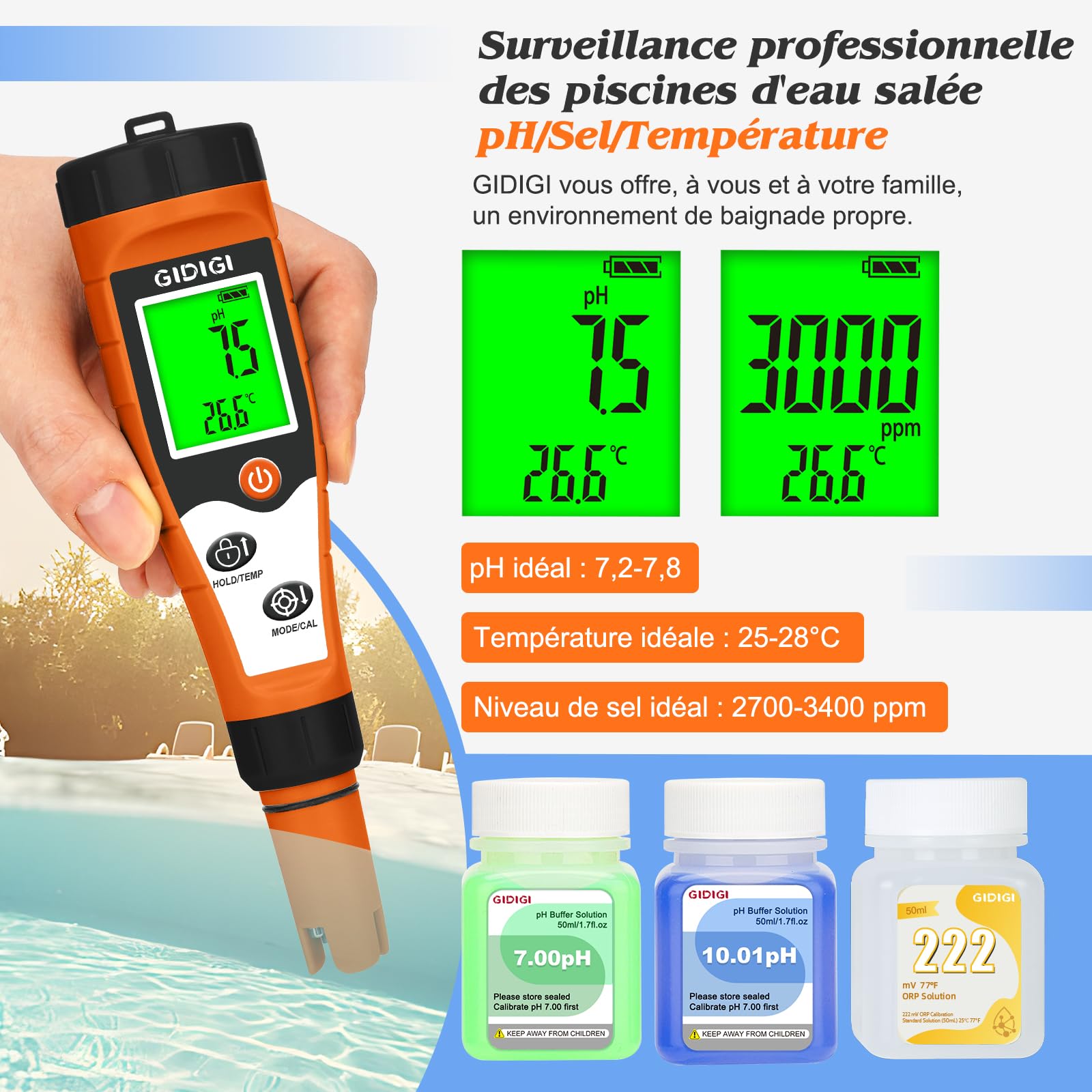 Testeur de chlore et de pH pour piscine, testeur de sel pour piscine, testeur d'eau 7 en 1 avec fonctions pH, ORP, chlore, EC, TDS et température pour piscine, spa et Eau domestique