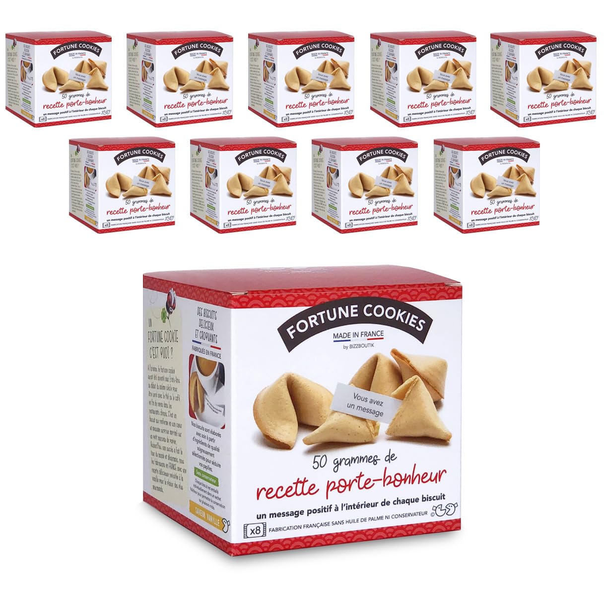 Lot de 10 boîtes de 8 fortune cookies - Biscuits porte-bonheur de fabrication française