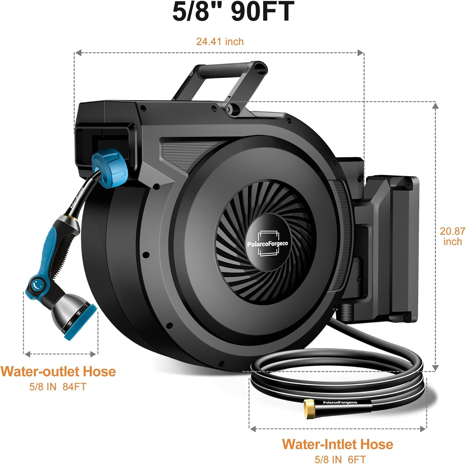 Retractable Garden Hose Reel 5/8 inch x 90 ft, Wall Mounted Hose Reel for Outside, Heavy Duty Water Hose, Automatic Rewind, 180° Swivel, 10 Pattern Nozzle, Any Length Lock