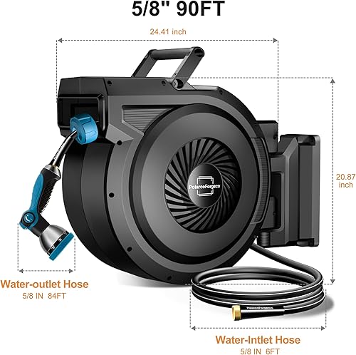 Miniatura 2 de Carrete de manguera de jardín retráctil - 5/8 pulgadas x 90 pies, carrete de manguera montado en la pared con boquilla de 10 patrones y bloqueo de