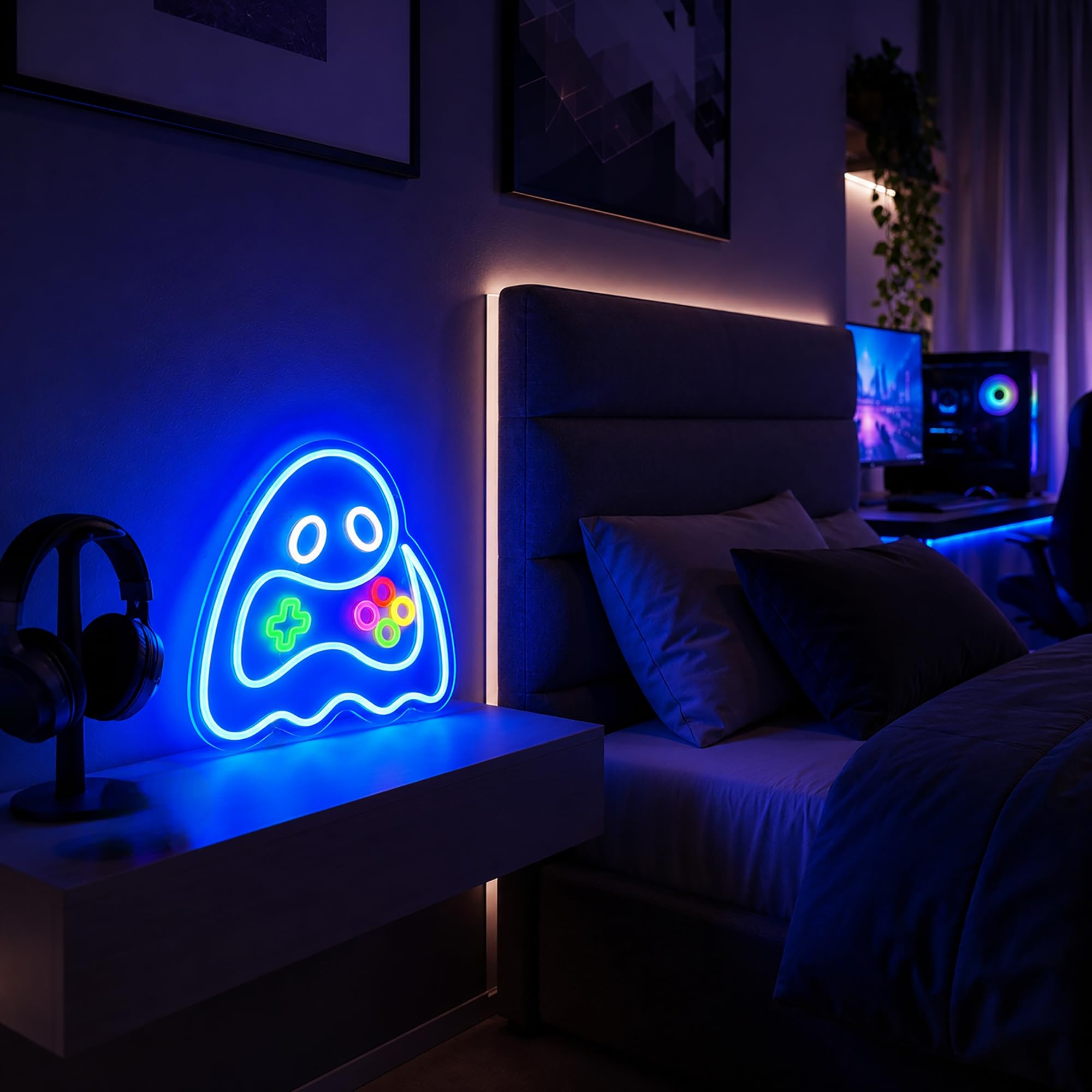 Letrero de neón fantasma de juego, letreros de neón para decoración de pared, letreros LED de neón para habitación, decoración del hogar, dormitorio, club, fiesta, bar, tienda, funciona con