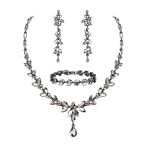 EVER FAITH Austrian Crystal Bridal Bridesmaid Jewelry Sets, Elegant Marquise Rhinestone Leaf Necklace Dangle Earrings Tennis Bracelet Set for Women