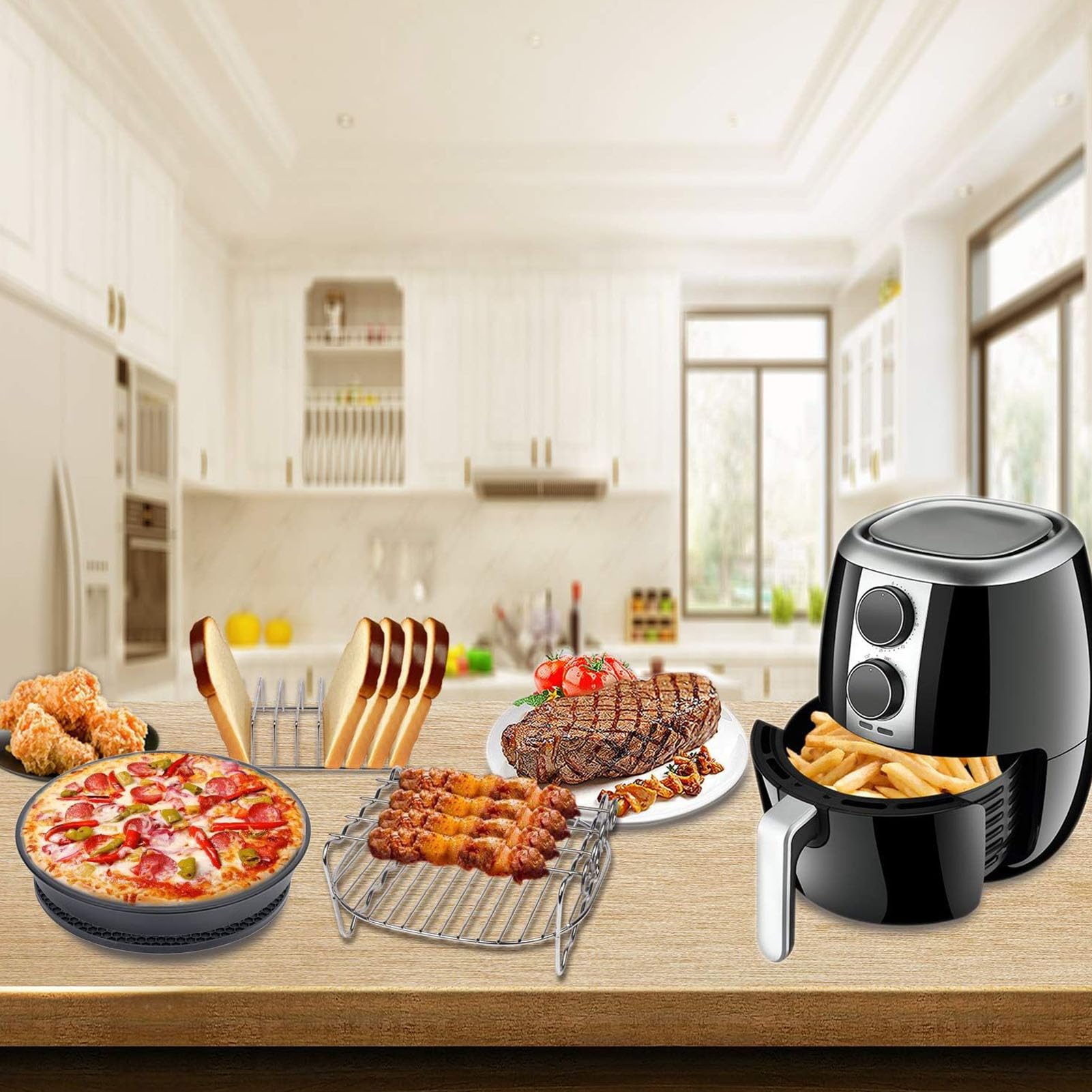 Generic Zestaw Akcesoriów do Frytownicy Kwadratowej Kompletny Zestaw z matą silikonową Szczotka do Oleju Grill Stojak na Chleb Gotowania w Kuchni Stal Nierdzewna 7 Cali