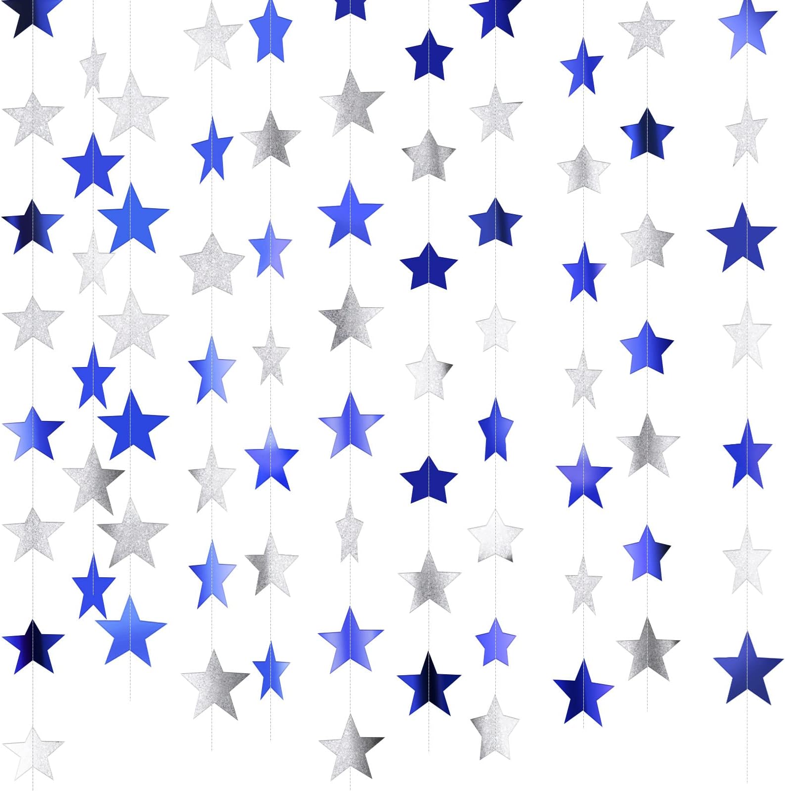 Navy Blue Glitter Silver Star Garlands - 2 Pack Space Theme Party Decorations