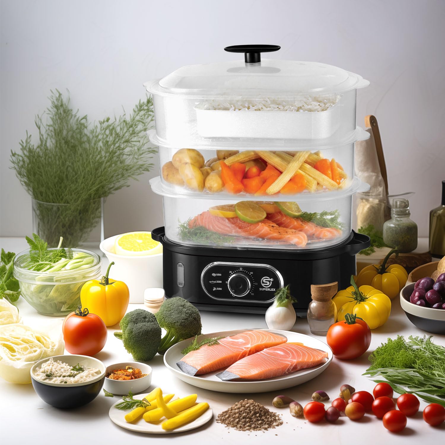 Cuiseur vapeur électrique à 3 niveaux, cuiseur à la vapeur pour légumes avec une capacité de 12 l, 3 bols de cuisson amovibles et couvercle, minuteur de 60 minutes, arrêt automatique, sans