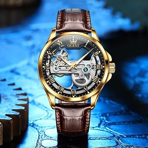 Miniatura 3 de OLEVS Relojes de esqueleto para hombre, automático, mecánico, de lujo, de cuero, impermeable, luminoso, reloj de pulsera para hombre