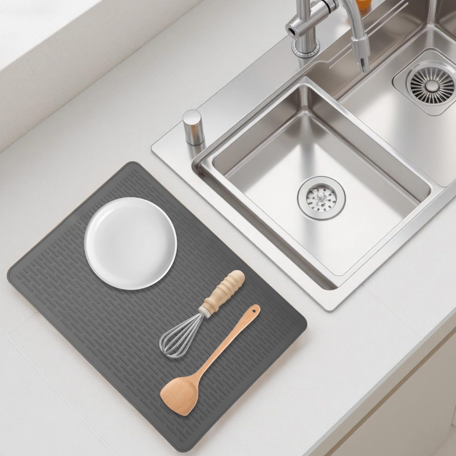 Große Silikon-Abtropfmatte für Geschirr, 28 x 19,7 in, 71 x 50 cm Küchenmatte für die Arbeitsfläche, hitzebeständig bis 446 ℉, schnell trocknende Utensilienmatte, BPA-frei, dunkelgrau