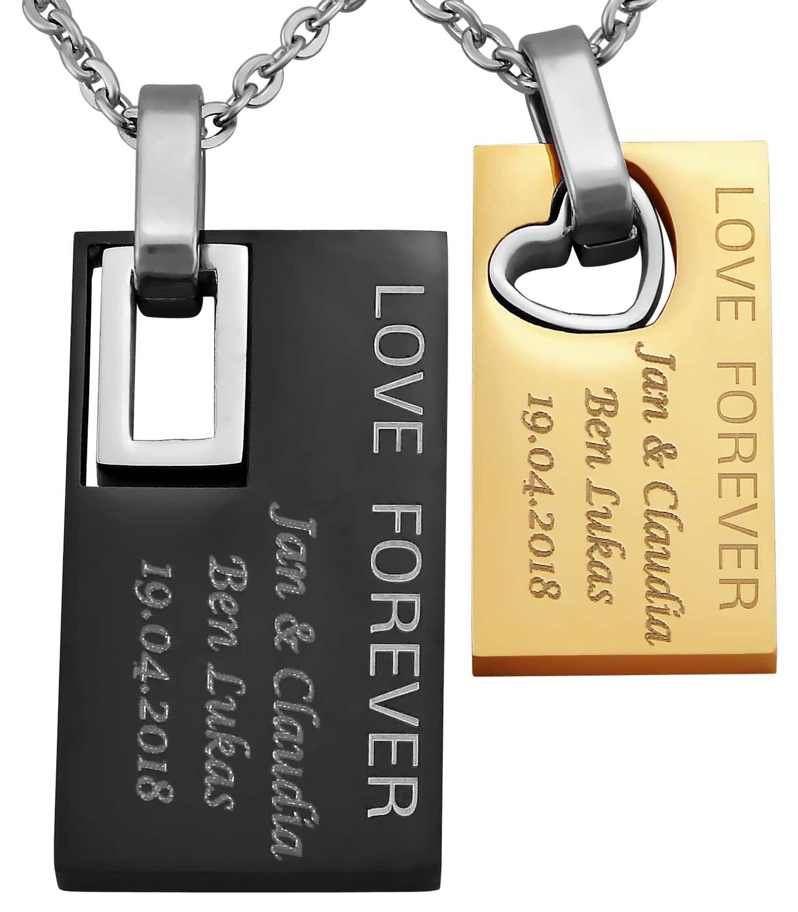 2 Stück Personalisierte Kette mit Gravur Edelstahl 50 cm mit Anhänger "LOVE FOREVER" Rechteck in silber schwarz gold - Personalisierte Geschenke für Damen Herren Freundin Freund