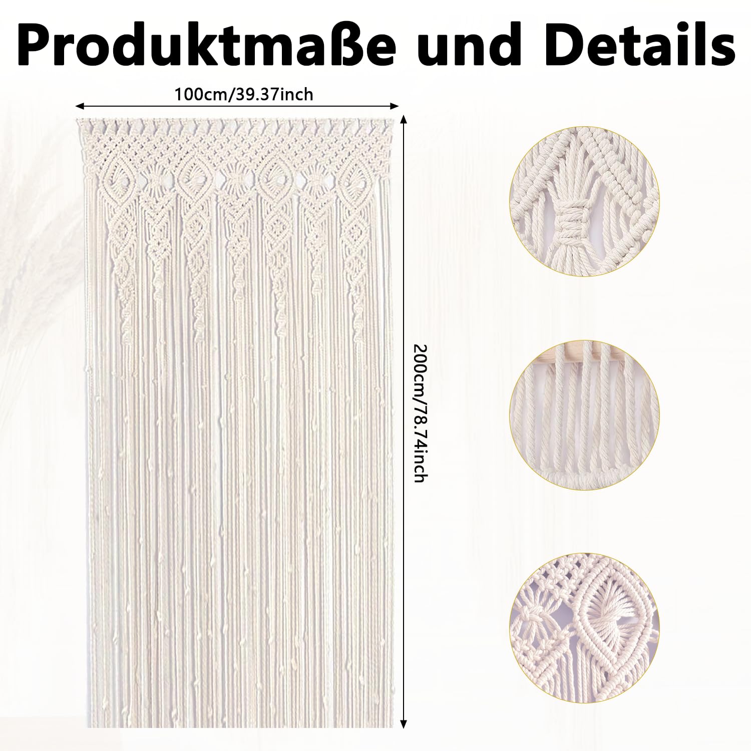 Boho Makramee Vorhang, Handgefertigter Türvorhang mit Fransen aus Baumwollseil, Türhänger & Raumteiler für Schlafzimmer Wohnzimmer Balkontür, Boho Style Wanddeko, 100x200cm