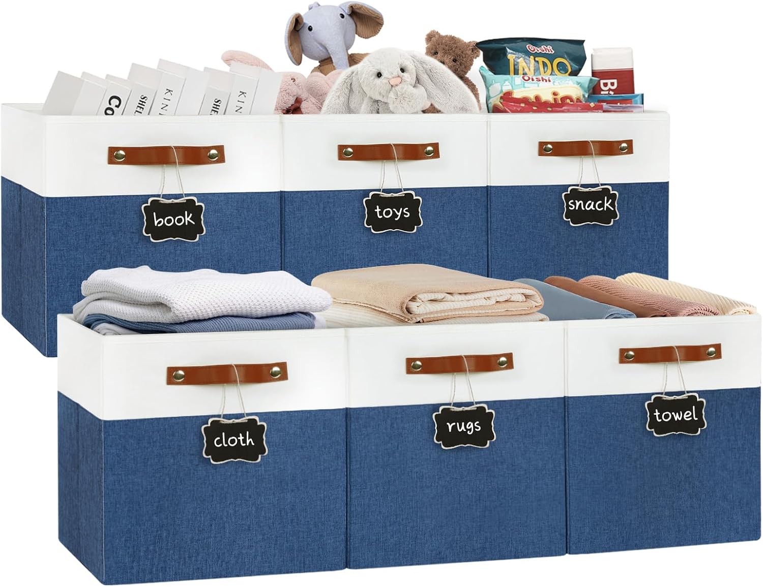 13x13 Cube Storage Bins, Collapsible Fabric Storage Baskets with Reinforced Bottom & Handles, for Shelves, Closets, Home Organization and Nursery (6 Pack, White/Blue) 6Pack White/Blue