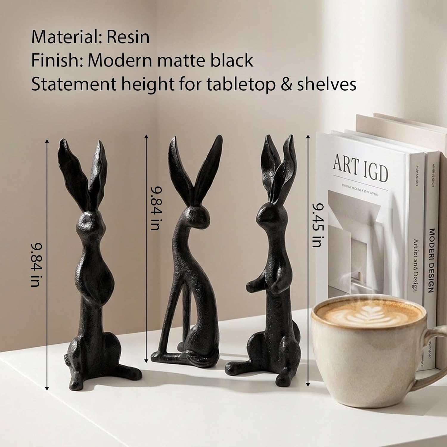 3 Pack Bunny Figurines for Home Decor, Resin Rabbit Statues 9.84in Tall, Modern Bunny Decor for Tabletop Shelf Living Room Bedroom Bookshelf, Neutral Spring Home Accent & Housewarming Present