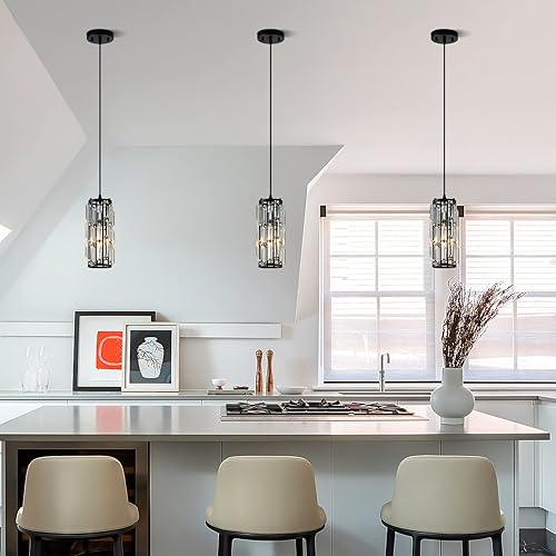 Miniatura 7 de Lámpara colgante negra moderna, mini lámpara colgante de cristal, lámpara colgante ajustable para cocina, comedor, dormitorio (paquete de 2 unidades)