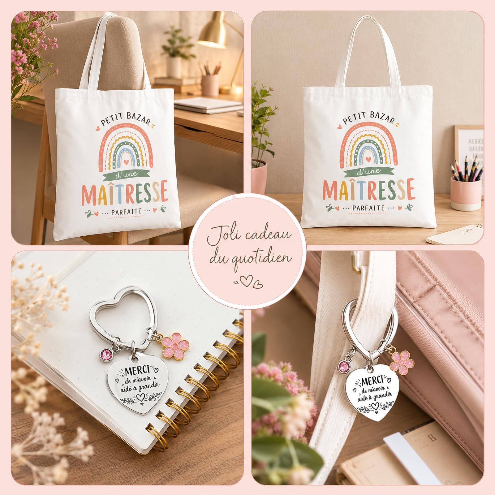 Sac En Toile & Porte-Clés Cœur En Acier Inoxydable Cadeau Maitresse D'École Original