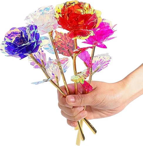 Miniatura 5 de Hedume Juego de 4 rosas de papel de aluminio dorado con caja de regalo de lujo, flores artificiales de rosas coloridas de 24 quilates, gran regalo