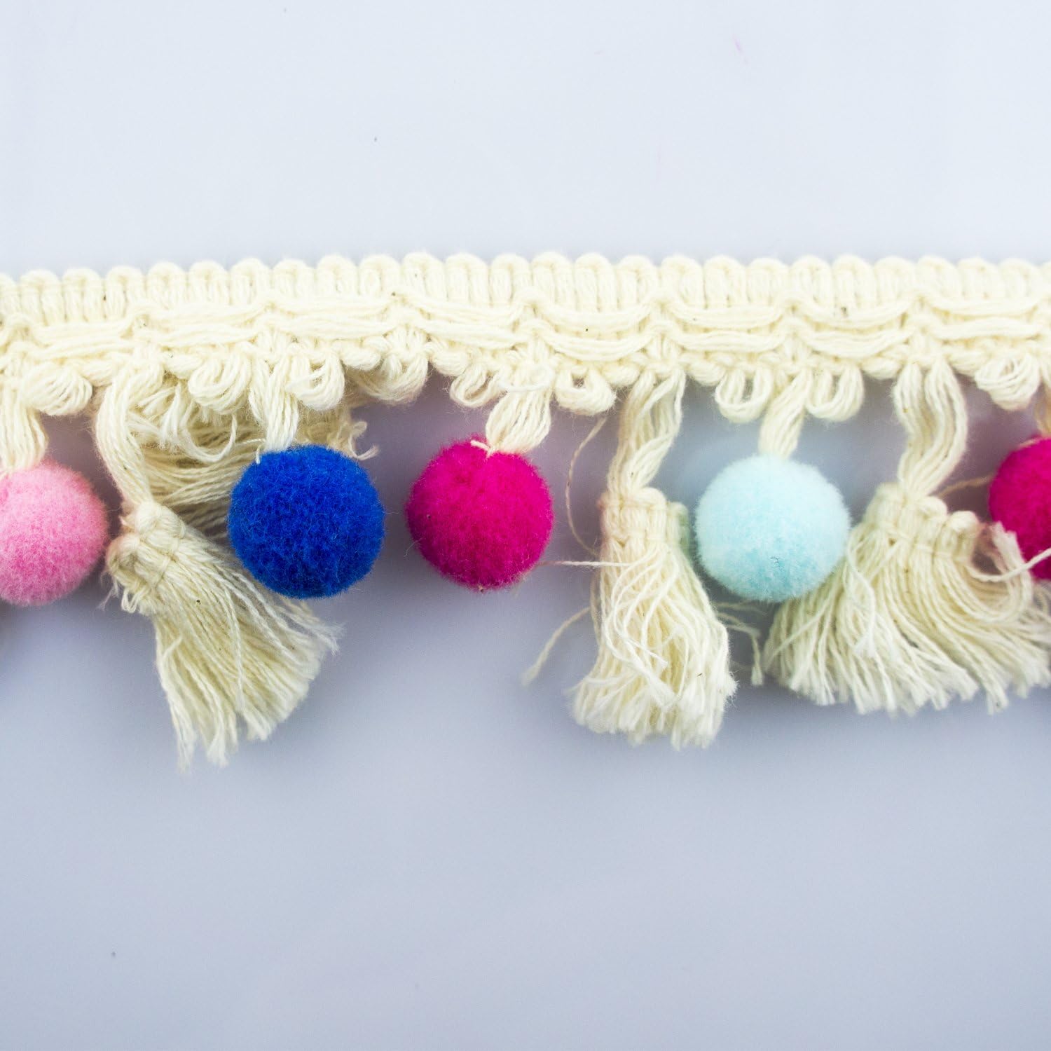 HAND® Colourful Pom Pom Trim Embellishment with Off-White Tassel Base for Fashion, Art & Craft - 2 Metres