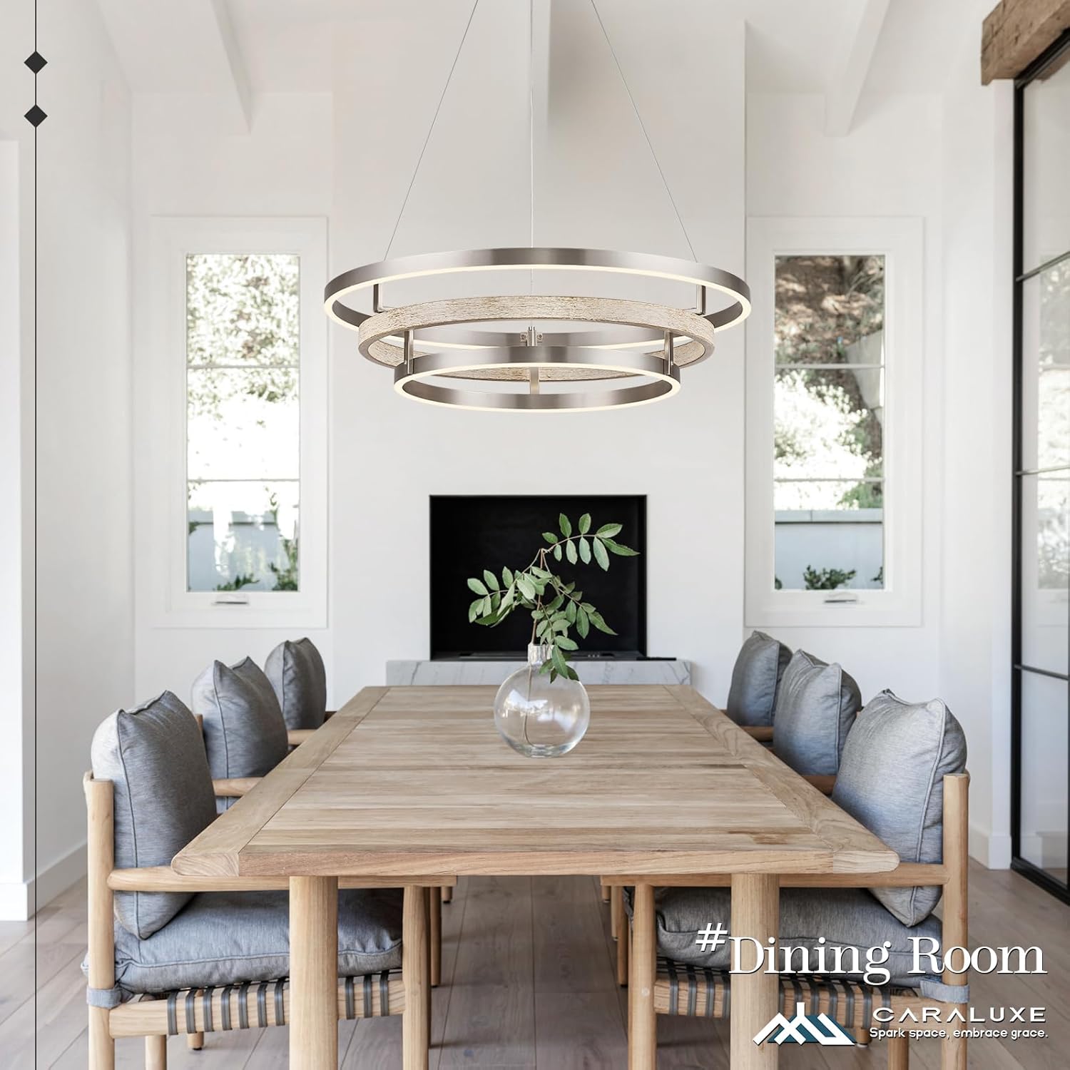 3 Ring LED Chandelier Nickel Round Chandelier Light Fixture Dimmable Foyer Chandeliers Light Weathered Wood Circular Chandeliers for Dining Room Entry Bedroom Office Living Room