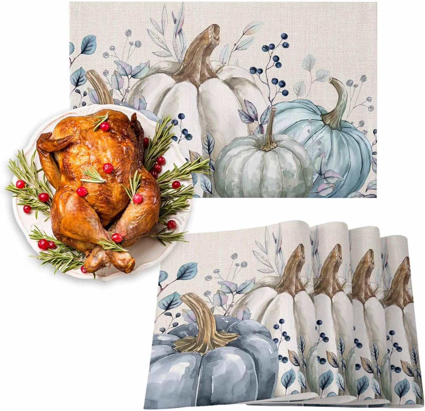 Fall Blue Pumpkins Placemats Set of 6, Autumn Washable Table Mats for Kitchen Dining Table, Thanksgiving Cotton Linen Place Mats for Indoor Outdoor Parties Holiday Decoration, Eucalyptus Leaves