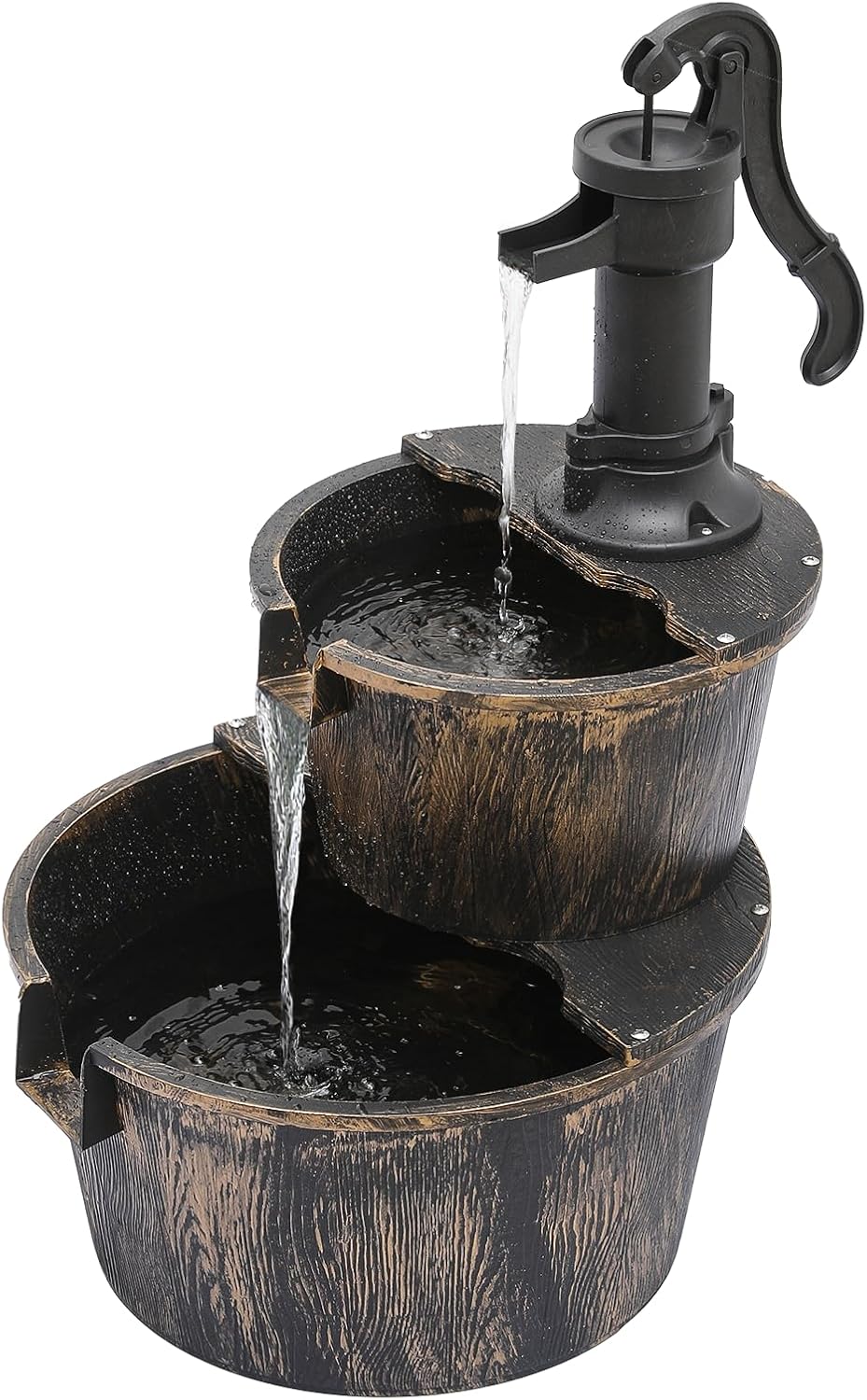 Magshion 2-Tier Barrel & Pump Water Fountain - Freestanding Outdoor Waterfall with Recirculating Pump, Rustic Bronze Garden Patio Decor