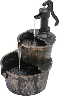 Magshion Barrel and Pump Water Fountain, Freestanding Outdoor Waterfall Fountain with Electric Recirculating Pump, 2-Tier Water Feature Decor for Garden, Patio, Backyard, or Porch, Bronze