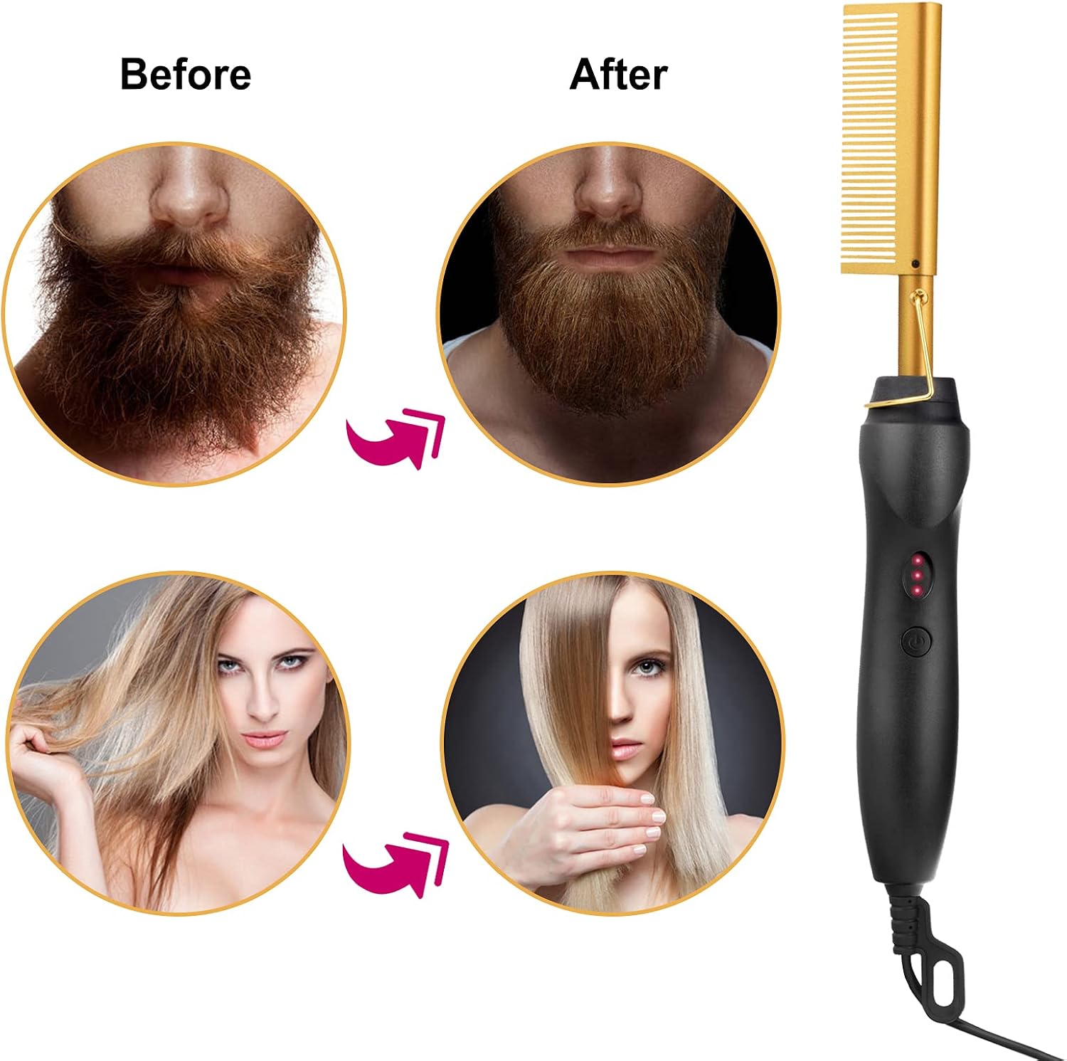 Hot Comb, FACEBOX Multifunctional Copper Hot Hair Straightener Brush for Men Woman Electric Heating Comb, Portable Travel Anti-Scald Beard Hair Straightener Comb