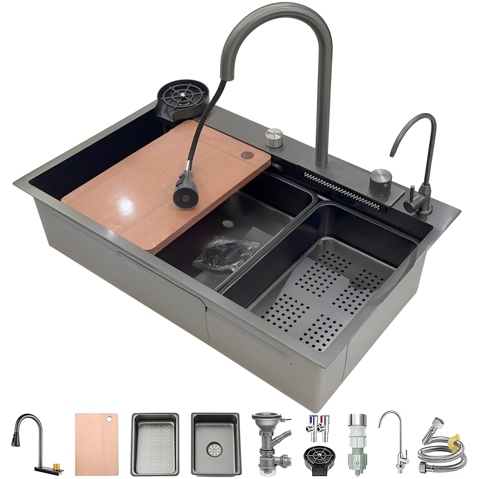 ZQFHSX Stainless Steel Single Bowl Waterfall Kitchen Sink Multifunctional Bar Counter Nano-Coated Workstation with Pull-Down Faucet and Complete Accessories Set