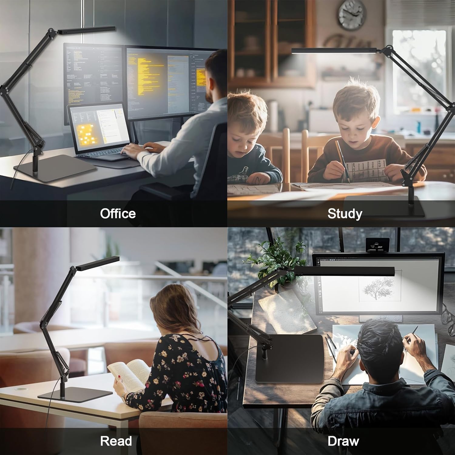 LED Desk Lamp for Home Office and Round Base, Clamp-On with 5 Light Modes & Auto Shut Off | 14W Adjustable Brightness 5000K Eye-Caring Lighting for Study/Bedroom/Computer Desk