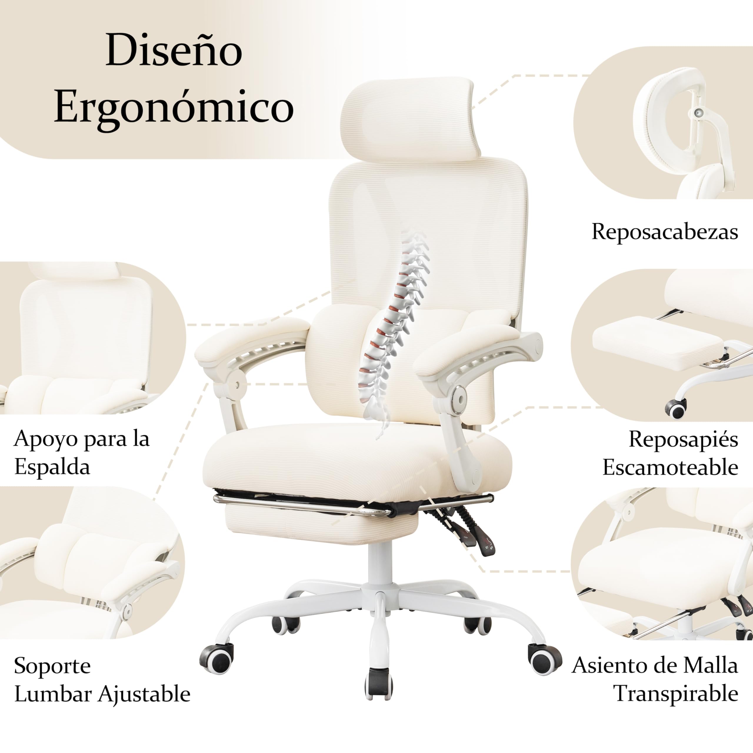 UEV Silla de Oficina Ergonómica Lumbar con Ajuste de 90°-135°, Silla de Oficina con Cómodo Soporte Corporal, Sillas Ergonómicas Estables y Funcionales, 64x64x(112-120) cm, Beige | Silla giratoria de escritorio, inclinable hasta 135°, altura regulable, sop