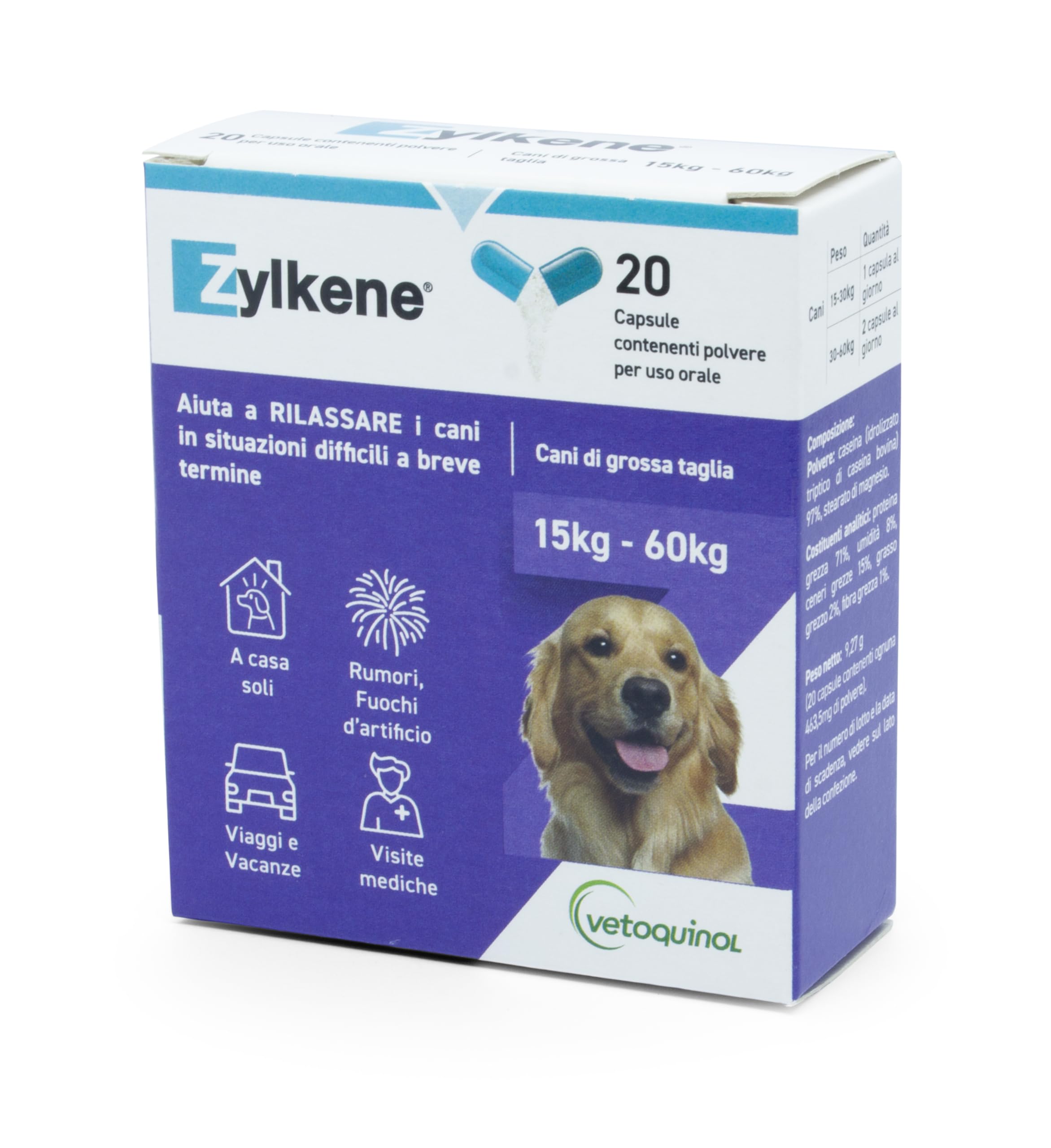 Zylkene Mangime Complementare | Cani di taglia grande (15-60 kg) 450 mg | Promuove il rilassamento nelle situazioni di disagio nel breve termine: Rumori forti, Visite veterinarie | 20 capsule