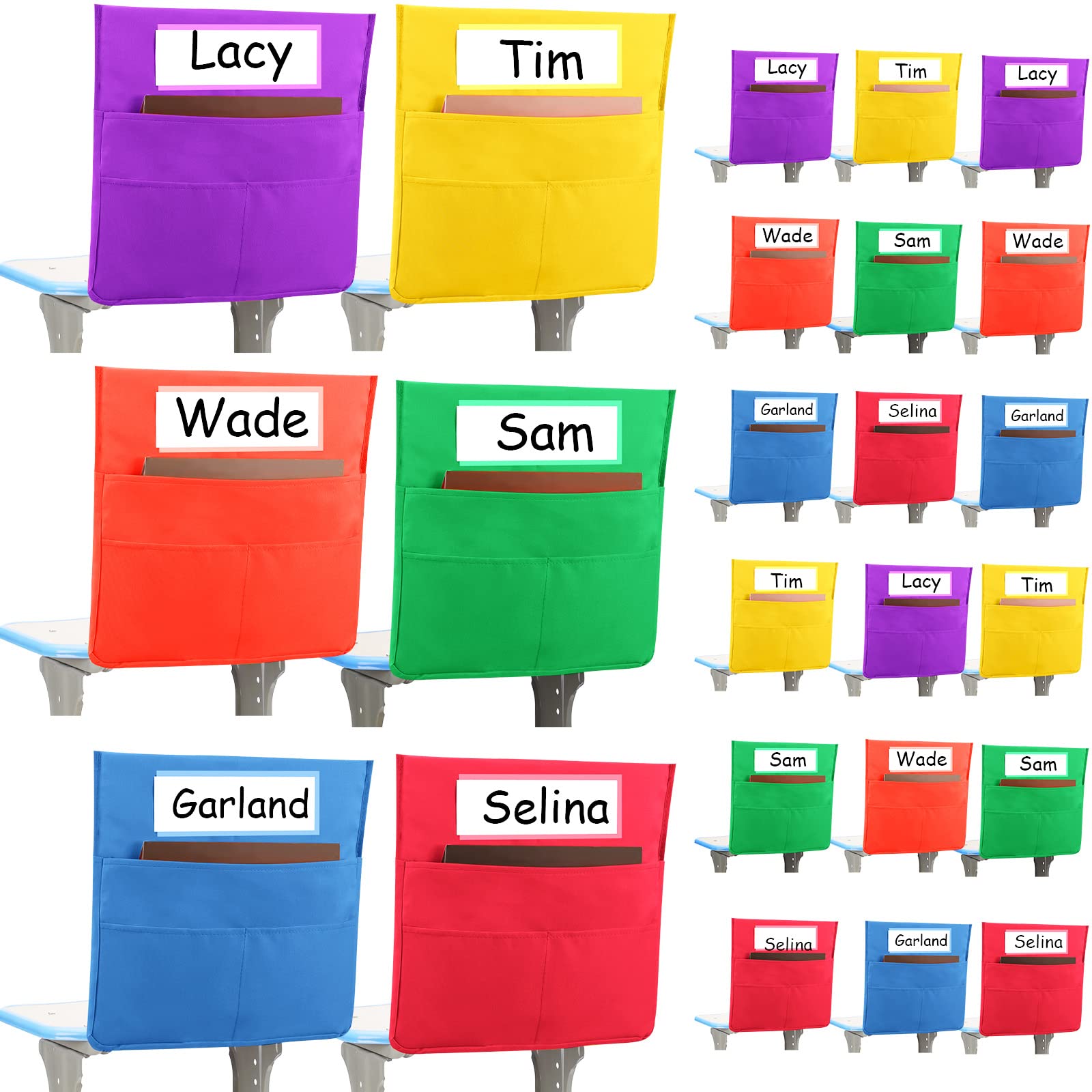 Boao 24 Pcs Student Chair Pockets 16.3 x 15 Inches Chair Storage with Name Tags 2 Organizer Seat Pockets for Classroom School Bag for Class Kids Office(Multicolor)