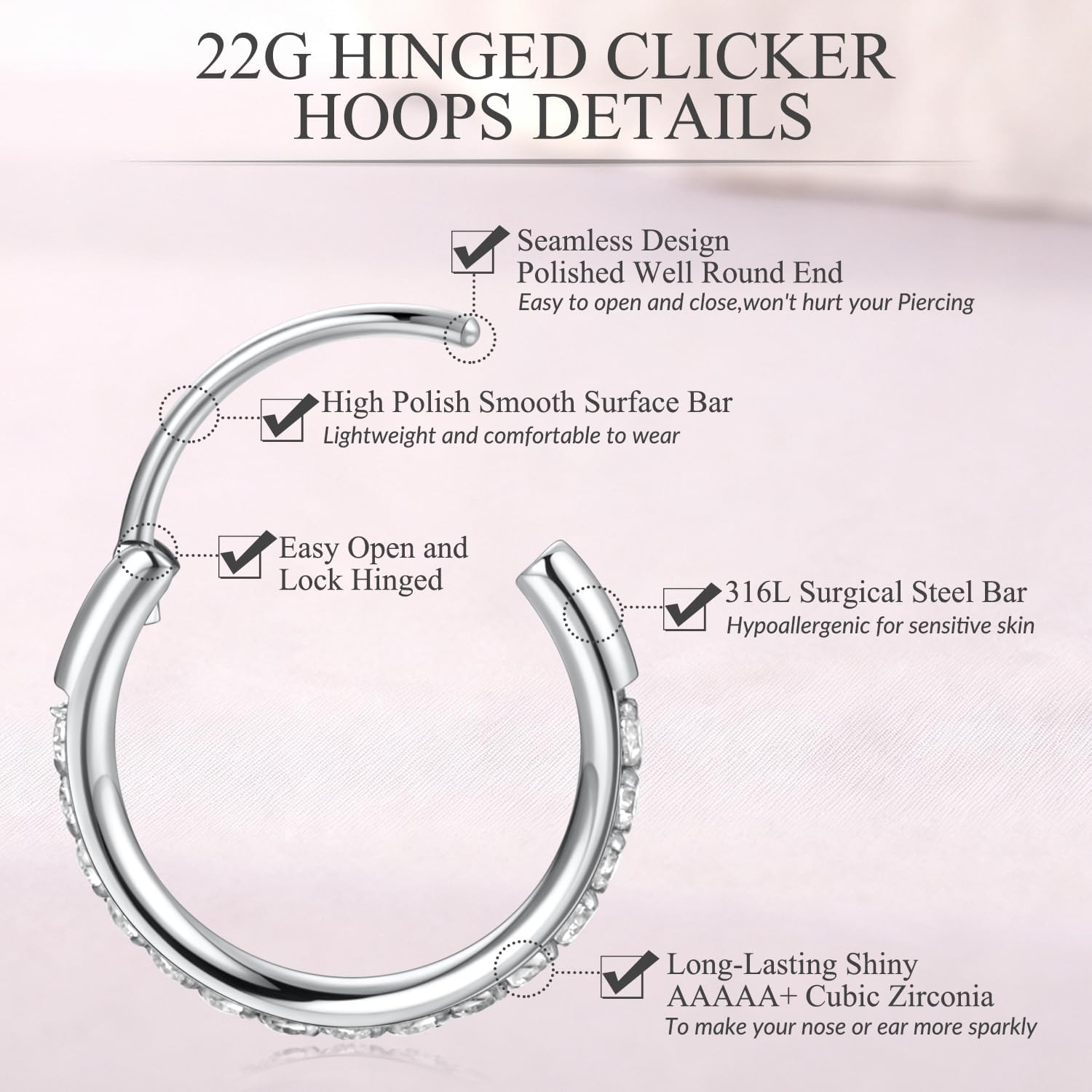 GAGABODY Surgical Steel Hypoallergenic Nose Ring Earring CZ Hoop for Unisex