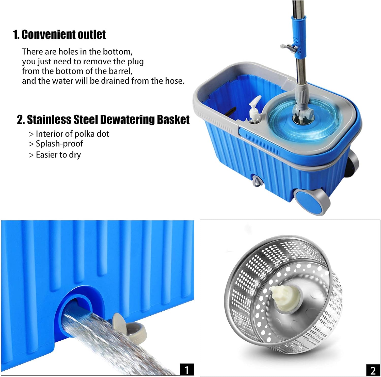 MASTERTOP Spin Mop Bucket with Wringer Set, Floor Cleaning Supplies, Extended Stainless Steel Handle, 5 Microfiber Replacement Mop Head Refills, 2 Wheels for Household Cleaning, Hardwood Floor Tiles: Kitchen & Dining