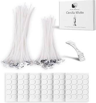 Candle Wicks 90 Pcs 4 inch, 6 inch, 8 inch with 2 Candle Wick Holders & 90 Wick Tab Stickers, Long Lasting Pre-Waxed & Tabbed Cotton Threads with No Black Smoke for DIY Crafts
