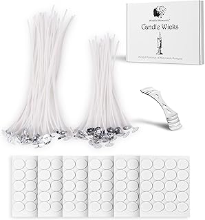 Candle Wicks 90 Pcs (4 inch, 6 inch, 8 inch) with 2 Candle Wick Holders & 90 Wick Tab Stickers, Long Lasting Pre-Waxed & Tabbed Cotton Threads with No Black Smoke for DIY Crafts