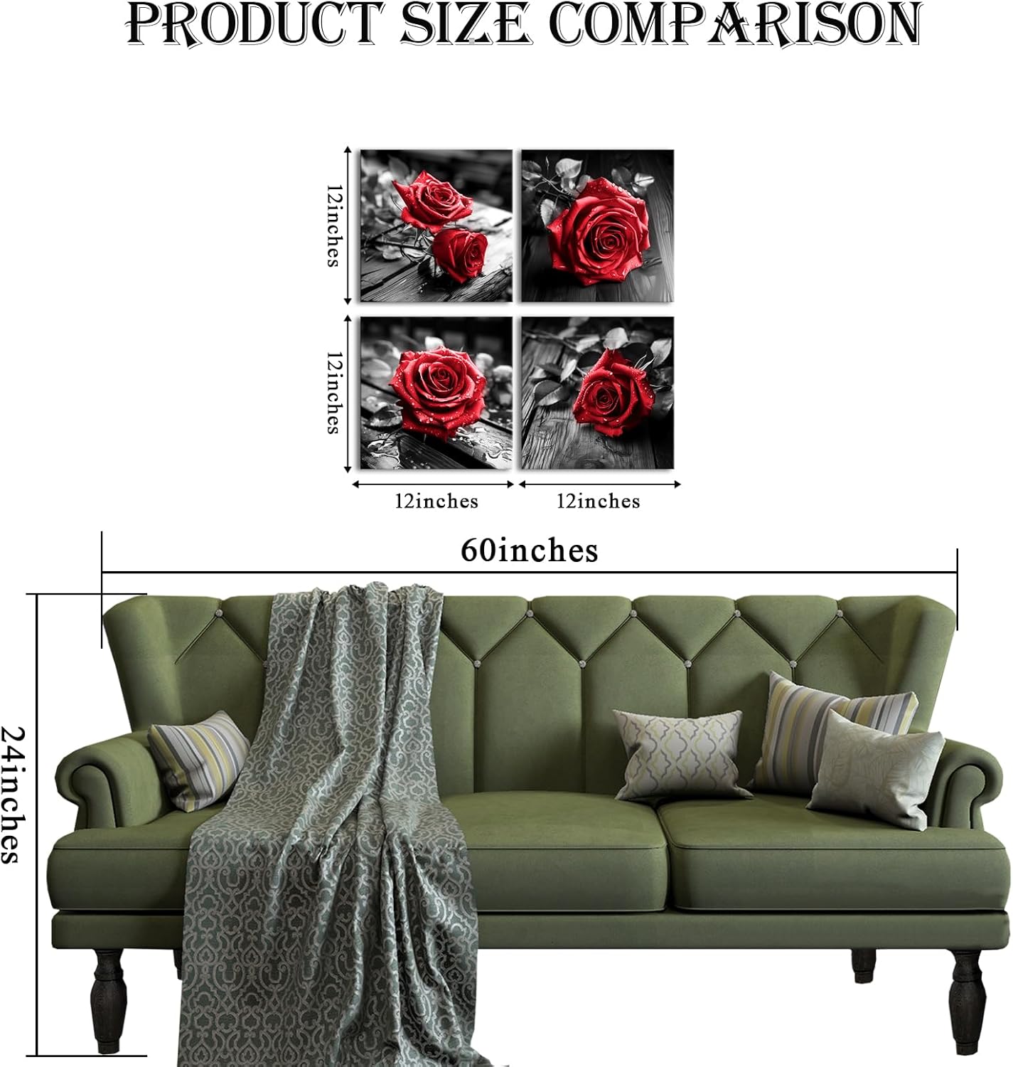 VANSEEING 4 Pieces Red and Black Rose Flower Canvas Wall Art Floral Pictures Prints Modern Romantic Artwork Wall Decor for Valentine's Day Living Room Bedroom 12x12inchx4Pcs