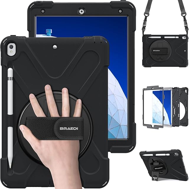 BRAECN iPad Air 3 Case 2019, iPad Pro 10.5 Case 2017, Heavy duty Shockproof Rugged Case with Pencil Holder, 360 Rotating Stand/Shoulder Strap&Hand Strap for iPad AIR 3 10.5 Inch 2019 - Black