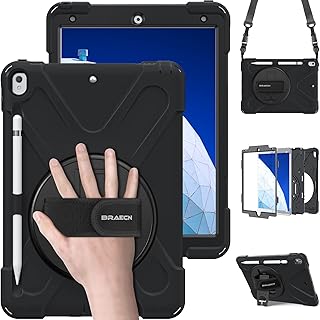 BRAECN iPad Air 3 10.5 Case 2019,iPad Pro 10.5 Case 2017- Heavy Duty Shockproof Case Cover with Pencil Holder,Rotating Stand/Hand Strap,Carrying Shoulder Strap Fit iPad Air 3rd Gen case 10.5 -Black