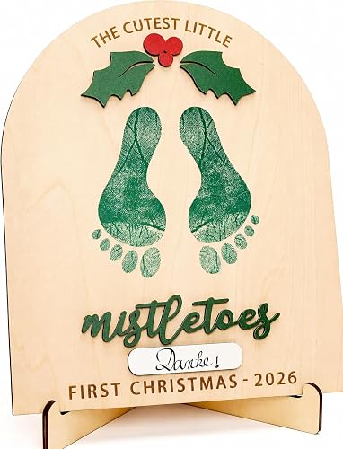 Personalized Baby’s First Christmas 2026 Wooden Mistletoes Footprint Art, DIY