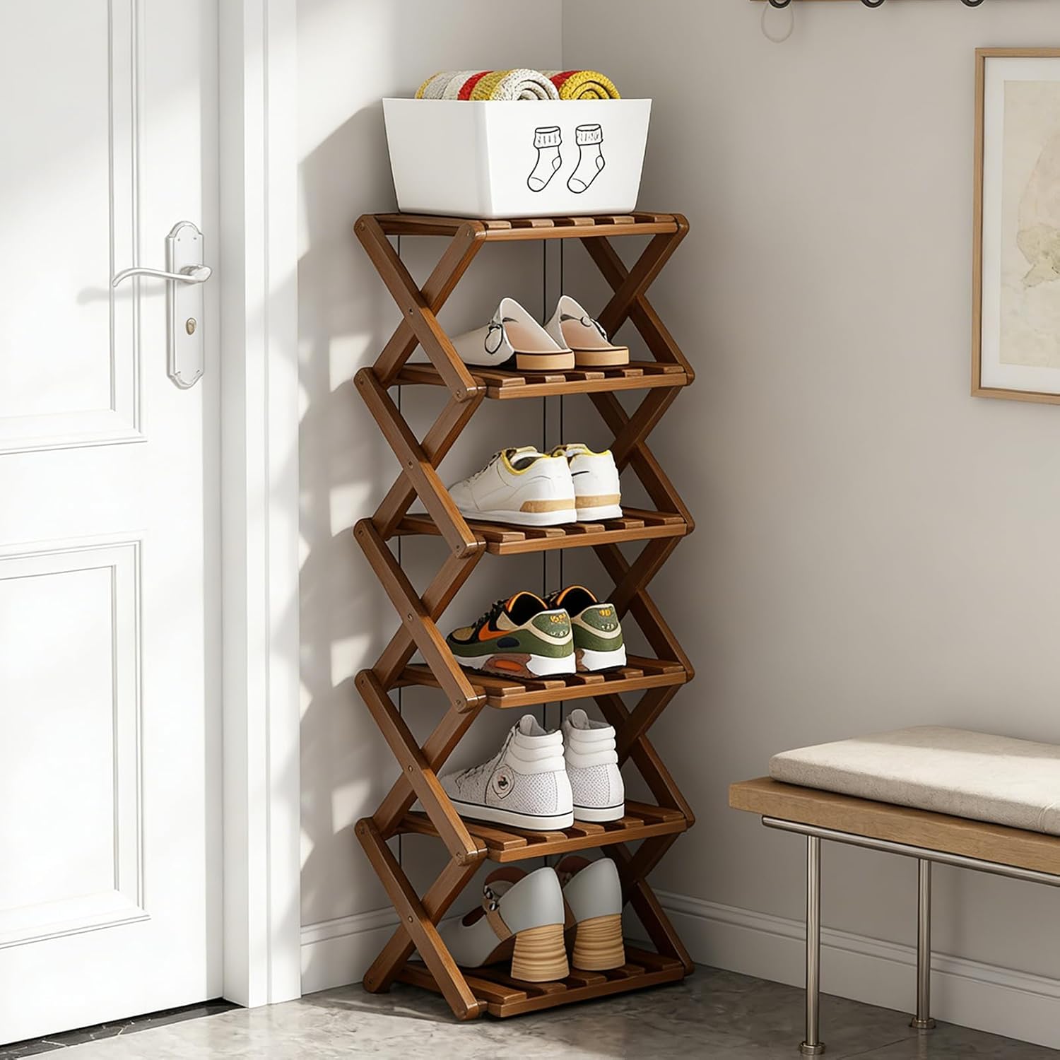 The 9-Tier No-Assembly Bamboo Rack, Foldable Shoe Rack, Vertical Shoe Organizer for Small Spaces, Portable Without Installation Accordion Shoe Holder for Entryway Closet Corner (Brown, 6-Tier)