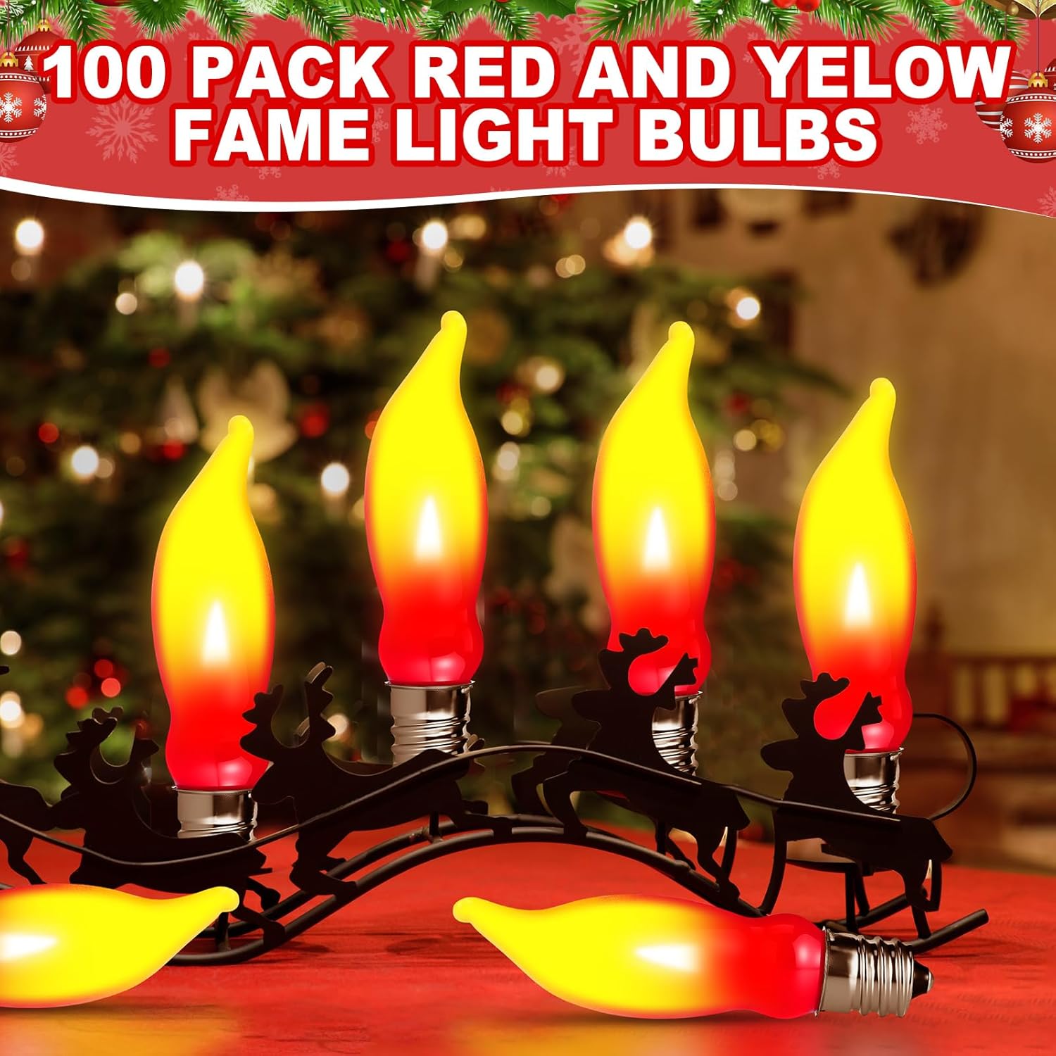 100 Pack Christmas Flame Light Bulbs Bulk 5w 110v Always on 3D Red Yellow Flame Tip Light Bulb E12 Candelabra Base for Candles, Trees, Indoor Outdoor Party Decor