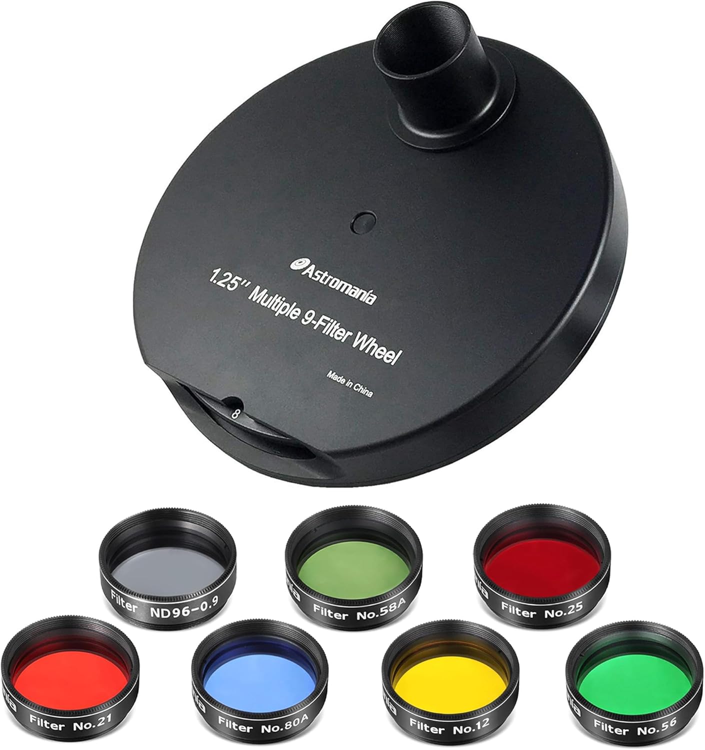 Astromania Filter Set of 1.25-Inch Seven Telescope Filters - Bundle with - 1.25" Multiple 9-Position Filter Wheel for Telescope