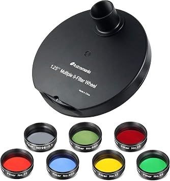 Astromania Filter Set of 1.25-Inch Seven Telescope Filters - Bundle with - 1.25" Multiple 9-Position Filter Wheel for Telescope