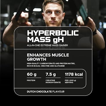 USN Hyperbolic All in One Mass (6000g) Dutch Chocolate - Weight Gainer - with Creatine | 1,132kcal | 60g 6-Stage | Carb10 & Palatinose | 8.8g BCAAs | Glutamine, HMB & Creatine | Beta-Alanine | Hardgainer Size Stack