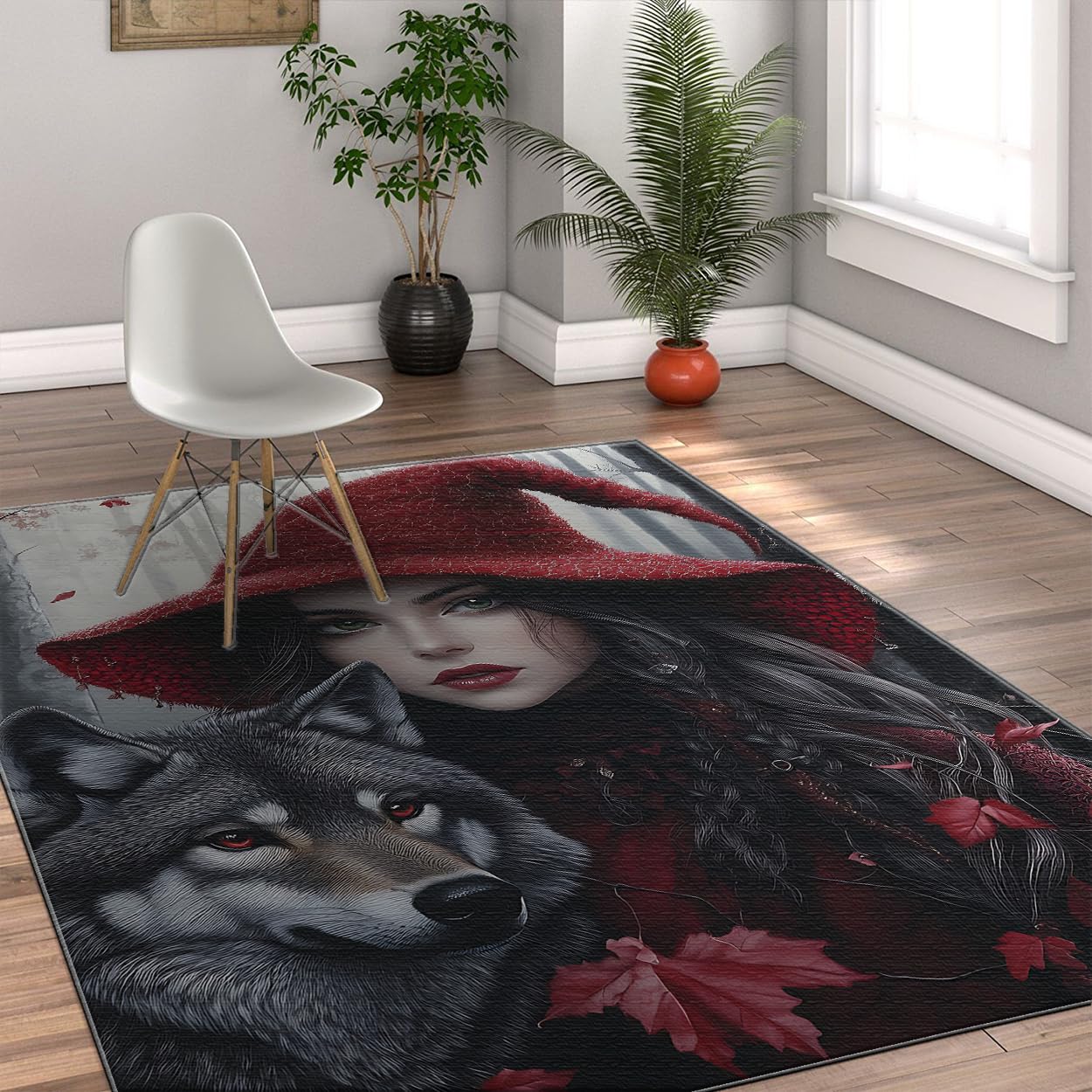 240x300cm Dunkler Märchenteppich Frau Wolf Rote Blätter