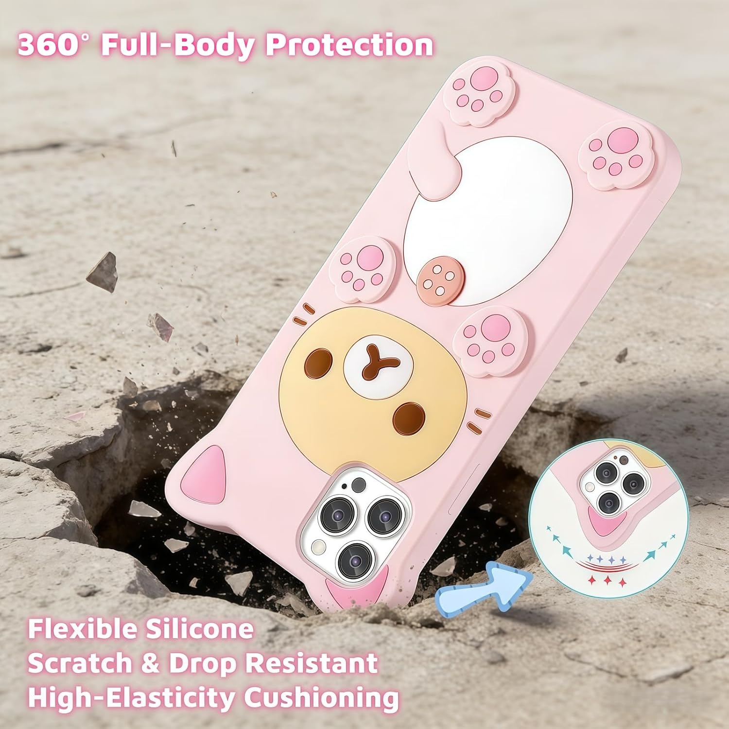 Cute Kawaii 3D Phone Case Compatible with iPhone 15 Pro Max 6.7" Cartoon Pink Bear Design Fashion Cool Funny Case Soft TPU Protective Case Silicone Cover for Girls Women Kids Pink image 5