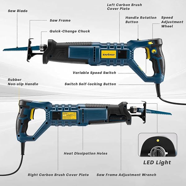 Enventor Sierra Sable con Cable, 850W, Sierra de Sable, 6 hojas, 2800SPM, velocidad variable, carrera de 28mm, cambio de hoja sin herramientas, 180° mango giratorio, para cortar madera, PVC y metal - 2