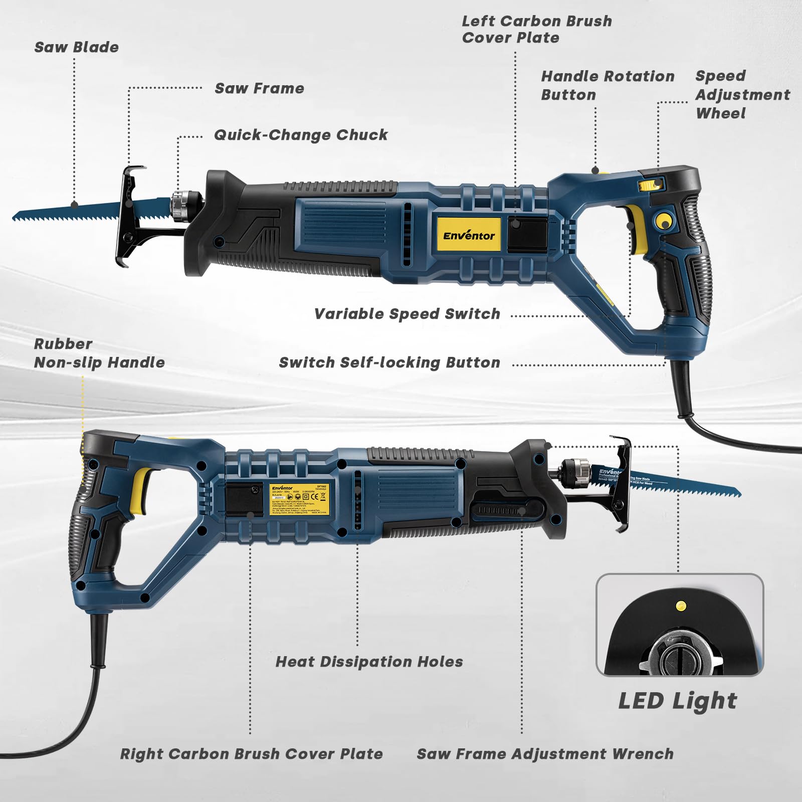 Enventor Sierra Sable con Cable, 850W, Sierra de Sable, 6 hojas, 2800SPM, velocidad variable, carrera de 28mm, cambio de hoja sin herramientas, 180° mango giratorio, para cortar madera, PVC y metal - 2